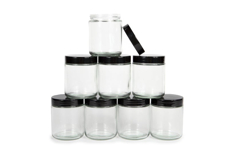 Vivaplex, Clear, 8 ounce, Round Glass Jars, with Black Lids - 8 pack - Image 1